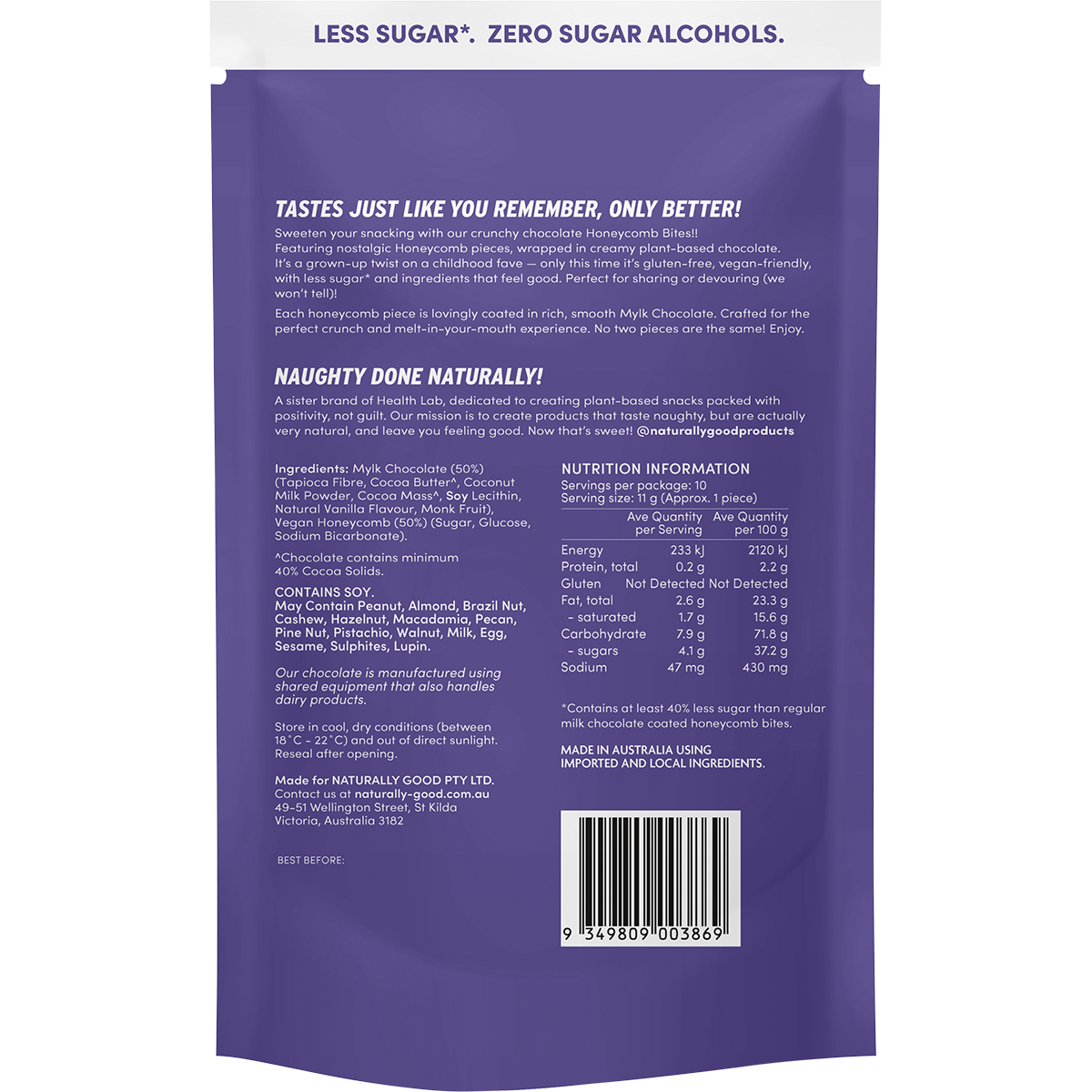 Back of a 120g Naturally Good Choc Honeycomb Bites bag showing ingredients, nutrition facts, and vegan certification.