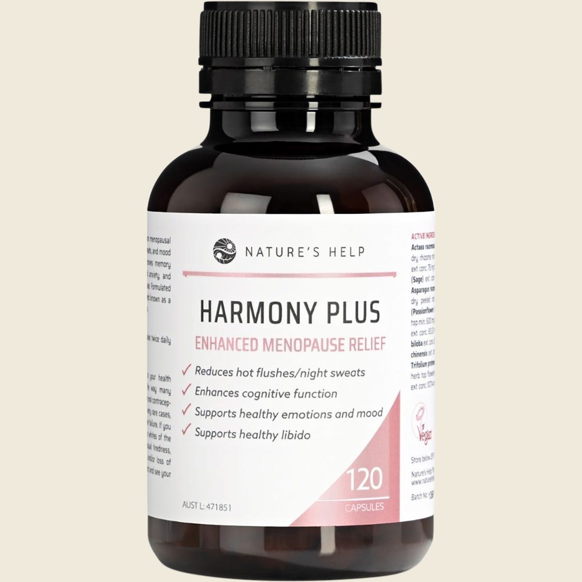 Nature's Help Harmony Plus 120 capsules tub for menopause relief, featuring a pink and white label.