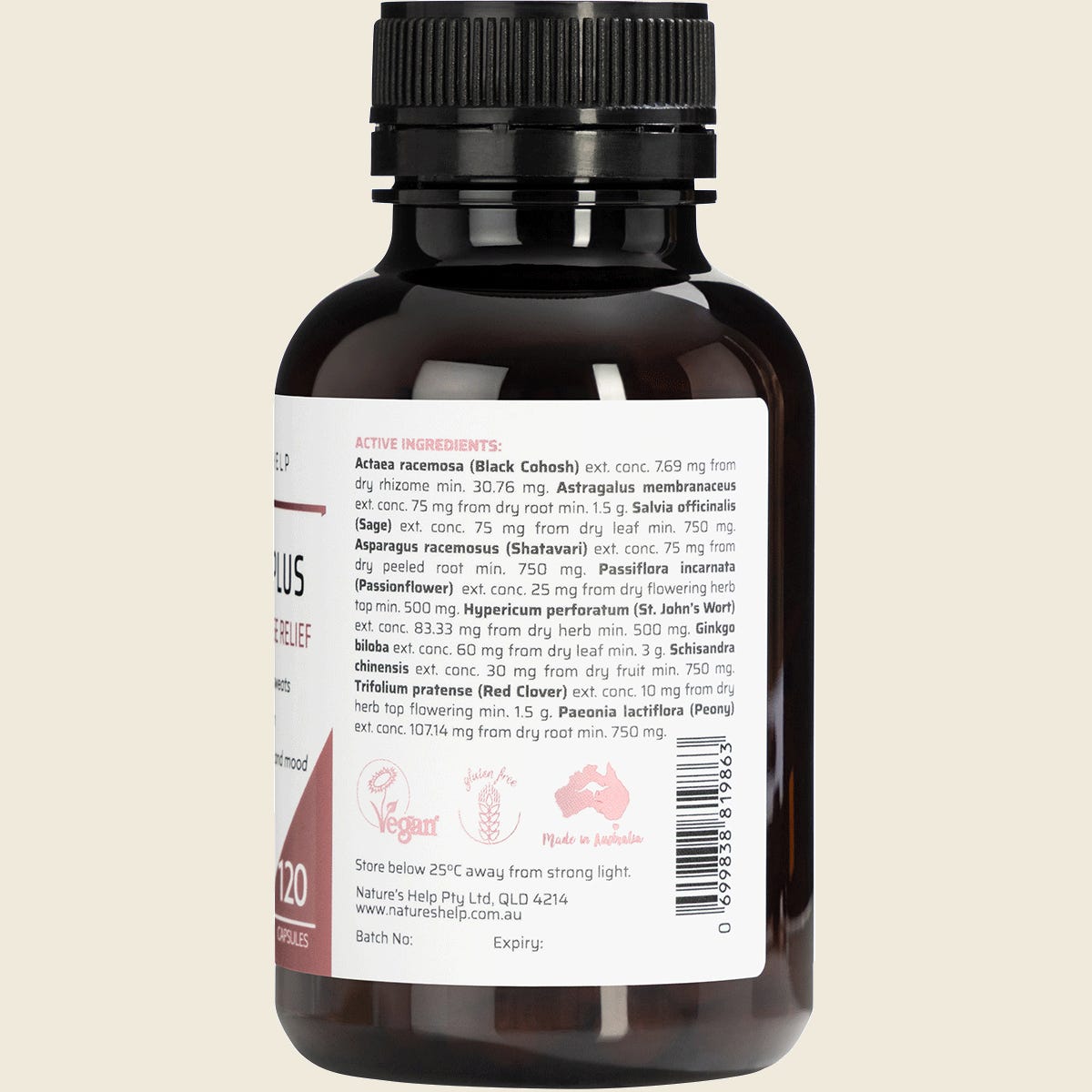 Right side of Nature's Help Harmony Plus 120 capsules tub showing product benefits and a pink and white label.