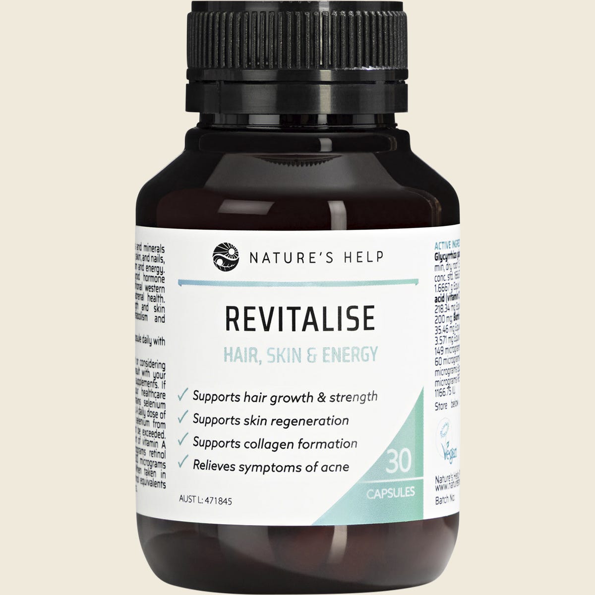 Nature's Help Revitalise 30 caps bottle for hair, skin, and energy support on a white background.