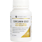 Nature's Help Curcumin Gold 60 capsules in a black bottle with a gold label and orange text on a white background.