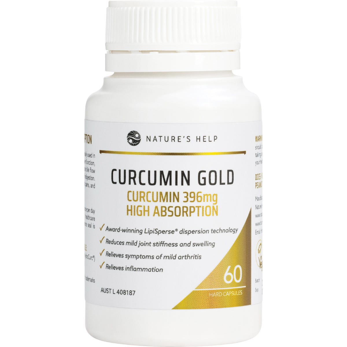 Nature's Help Curcumin Gold 60 capsules in a black bottle with a gold label and orange text on a white background.