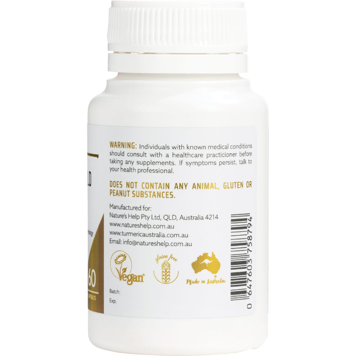 Right side view of Nature's Help Curcumin Gold 60 caps bottle showing supplemental facts and directions.