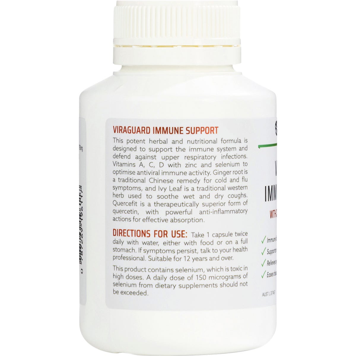 Nature's Help ViraGuard 60 capsules bottle showing the side label with active ingredients and dosage instructions.