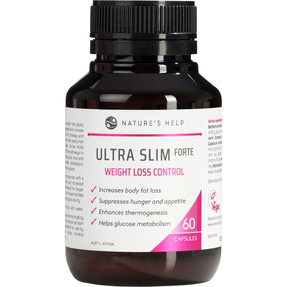 Nature's Help Ultra Slim Forte Weight Loss Control 60 capsules in a white bottle with a purple and gold label.