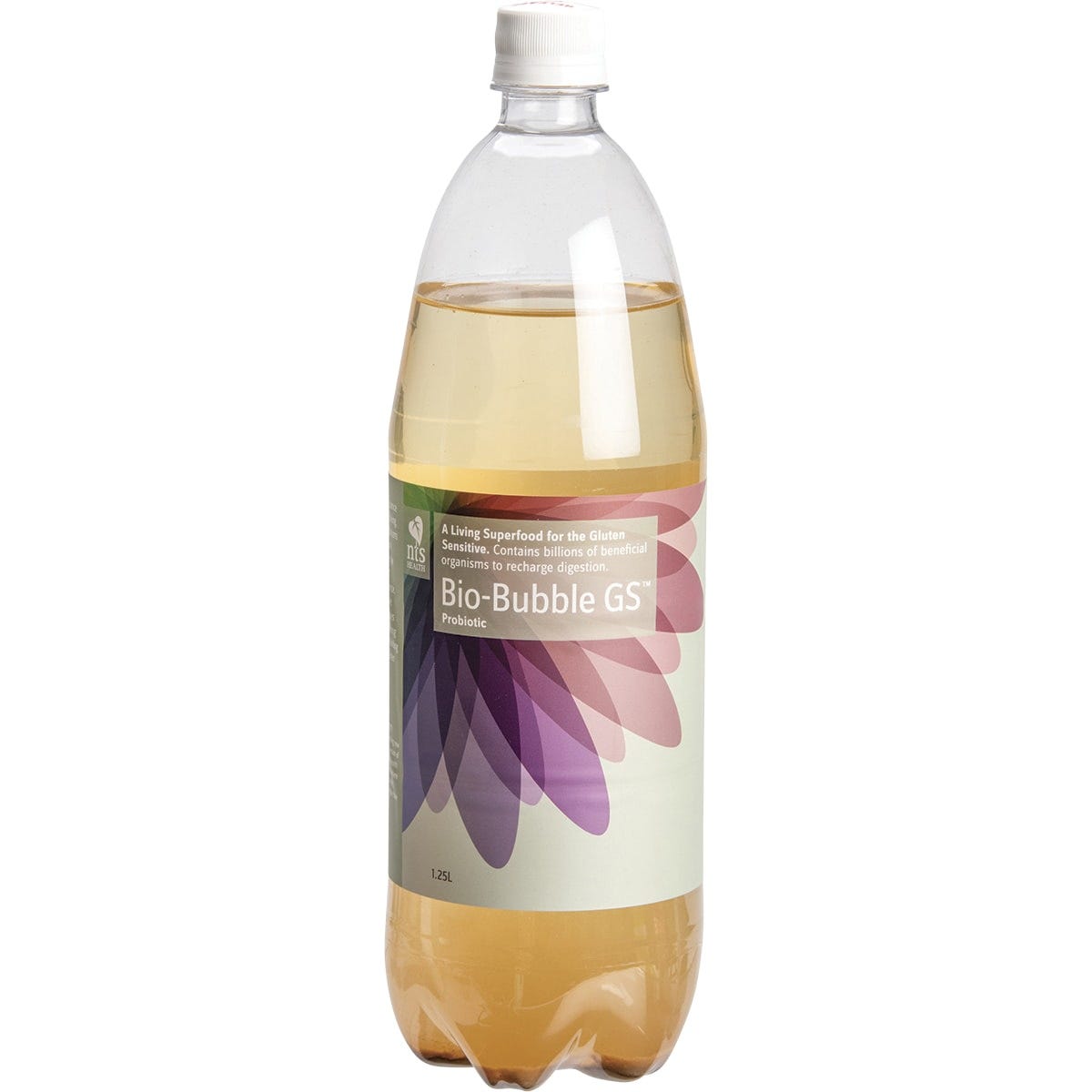 1.25L bottle of NTS Health Bio-Bubble Gluten Free Probiotic with a white label and green text.
