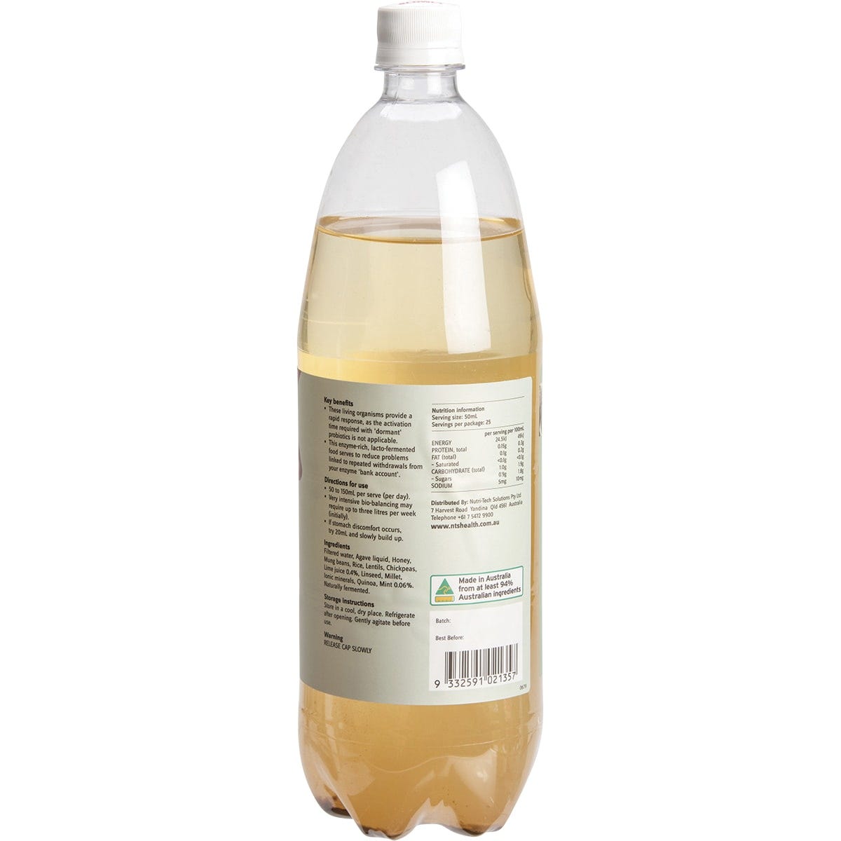 Side view of NTS Health Bio-Bubble 1.25L bottle showing nutritional information and directions.