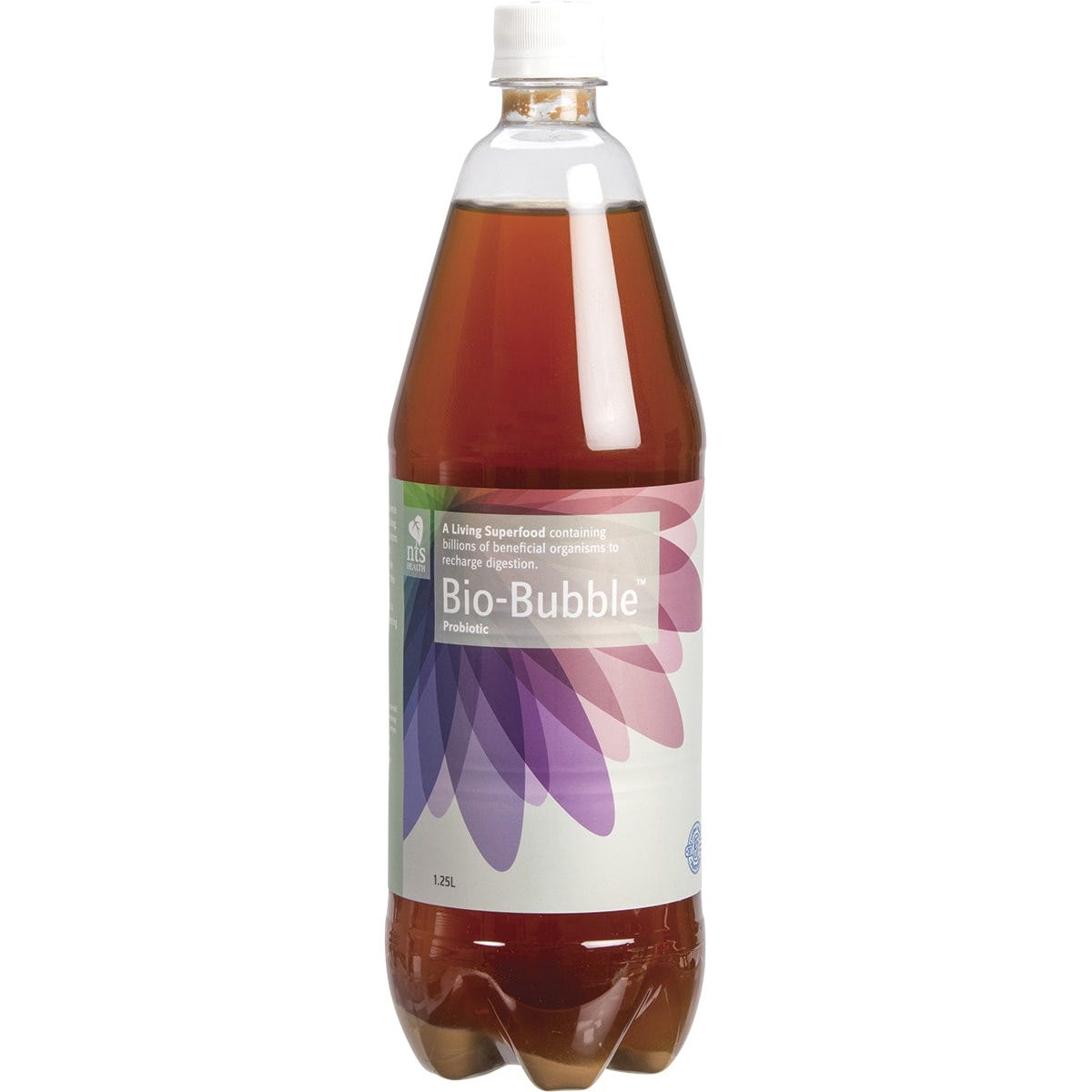 1.25L bottle of NTS Health Bio-Bubble Probiotic featuring a white label with green and blue branding.
