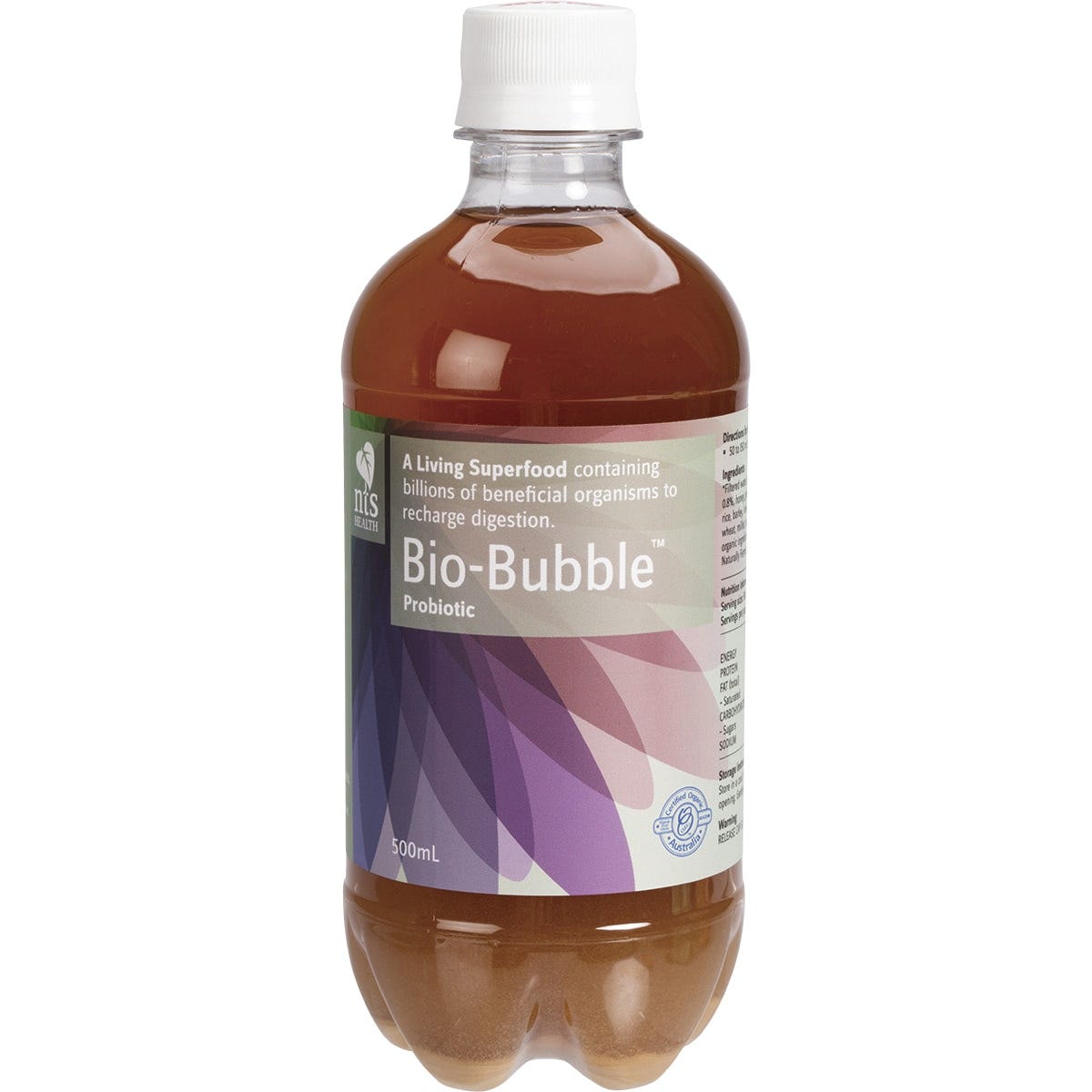 500ml bottle of NTS Health Bio-Bubble Probiotic, a fizzy fermented liquid with organic grains and legumes.
