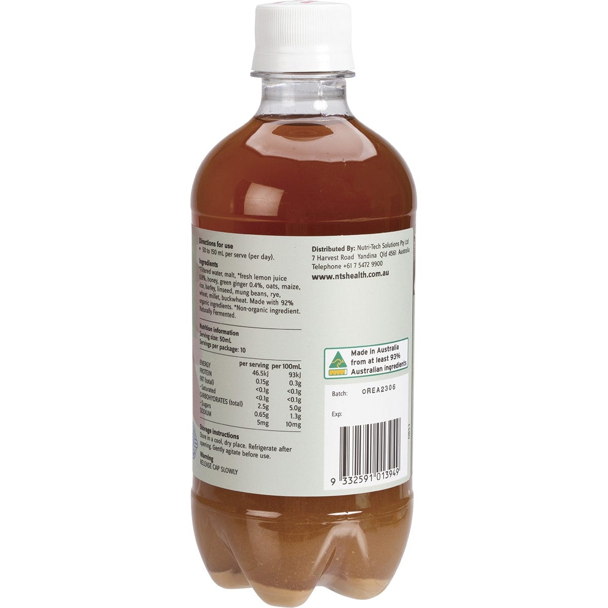 Side view of an NTS Health Bio-Bubble Probiotic 500ml bottle showing ingredients and nutritional information.