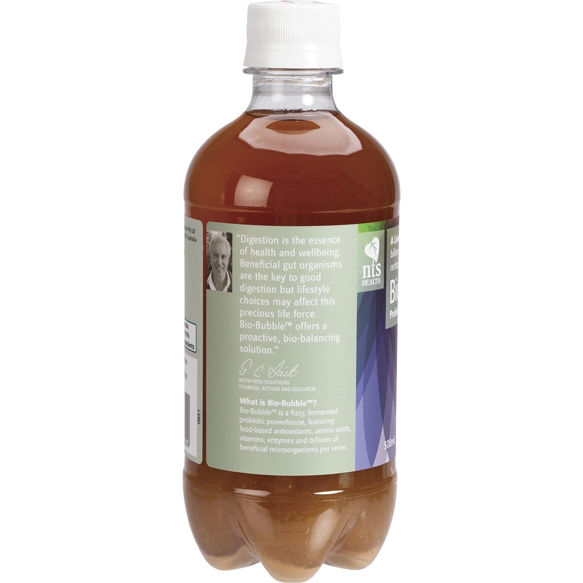 A 500ml bottle of NTS Health Bio-Bubble Probiotic against a clean white background.