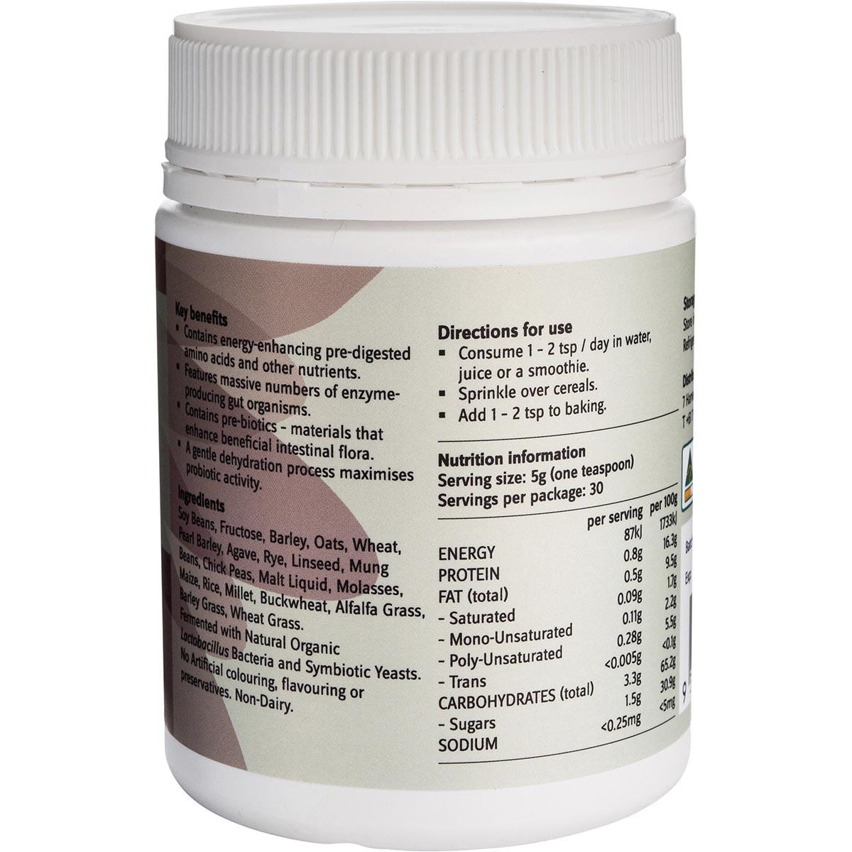 Side view of NTS Health Digest-Ease Probiotic 150g tub showing organic ingredients and nutritional benefits.