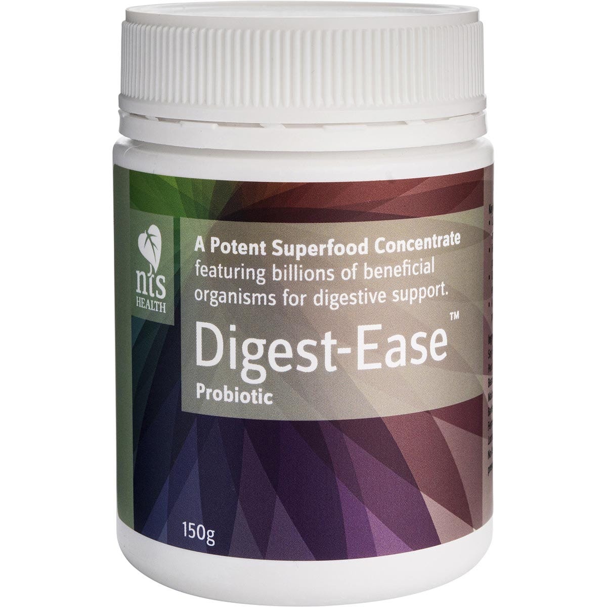 150g tub of NTS Health Digest-Ease Probiotic featuring organic fermented superfoods and billions of beneficial organisms.