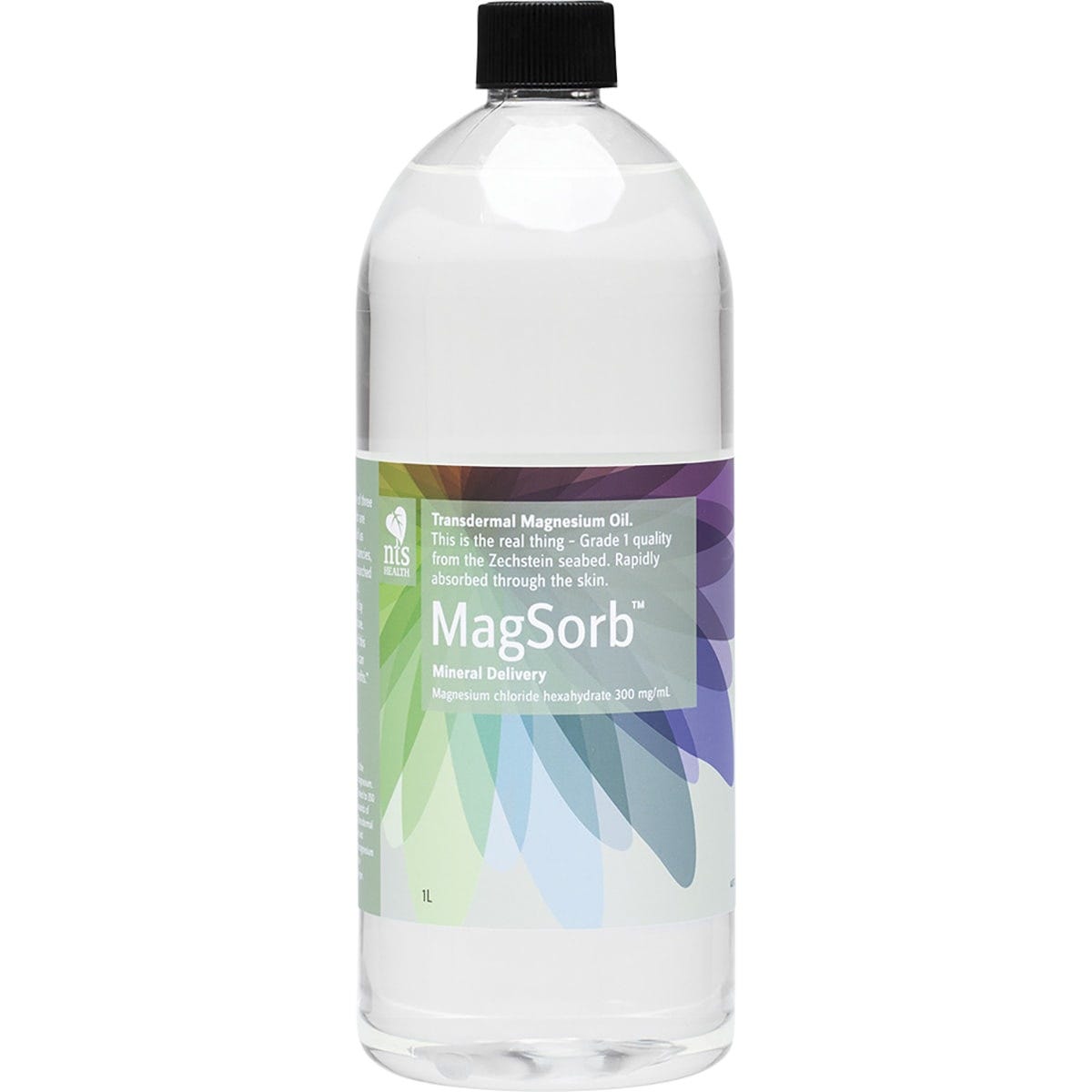 1L bottle of NTS Health MagSorb Magnesium Oil with a white and blue label and a pump dispenser.