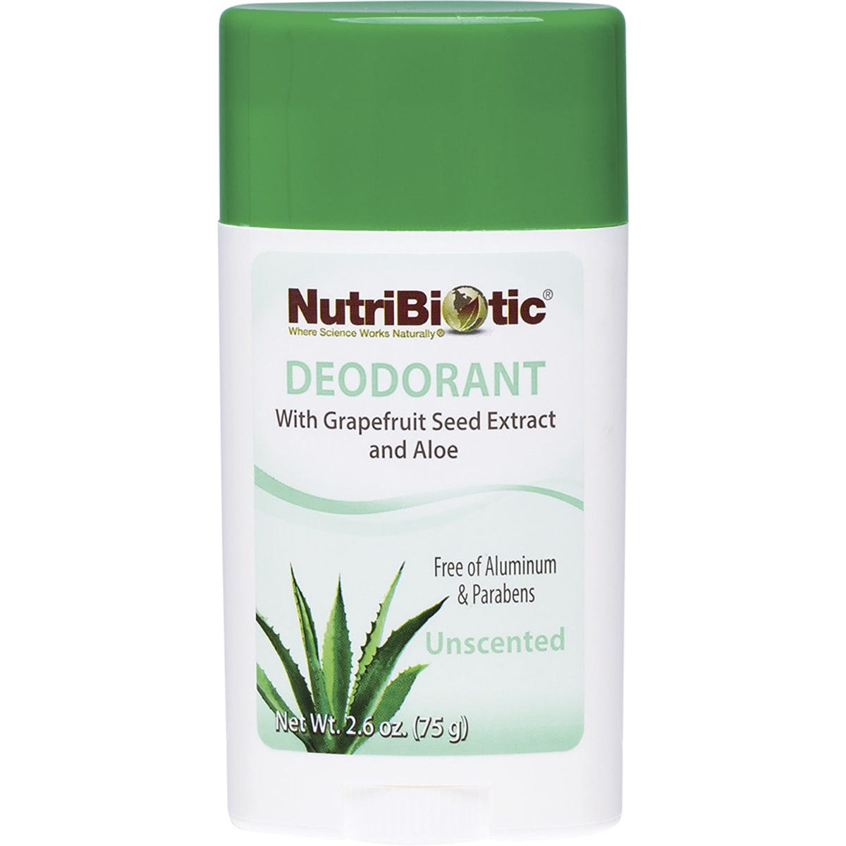 Nutribiotic 75g Unscented Deodorant Stick with grapefruit seed extract and aloe on a white background.