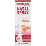 Front of a NutriBiotic Nasal Spray box with grapefruit seed extract and 29.5ml bottle on a white background.