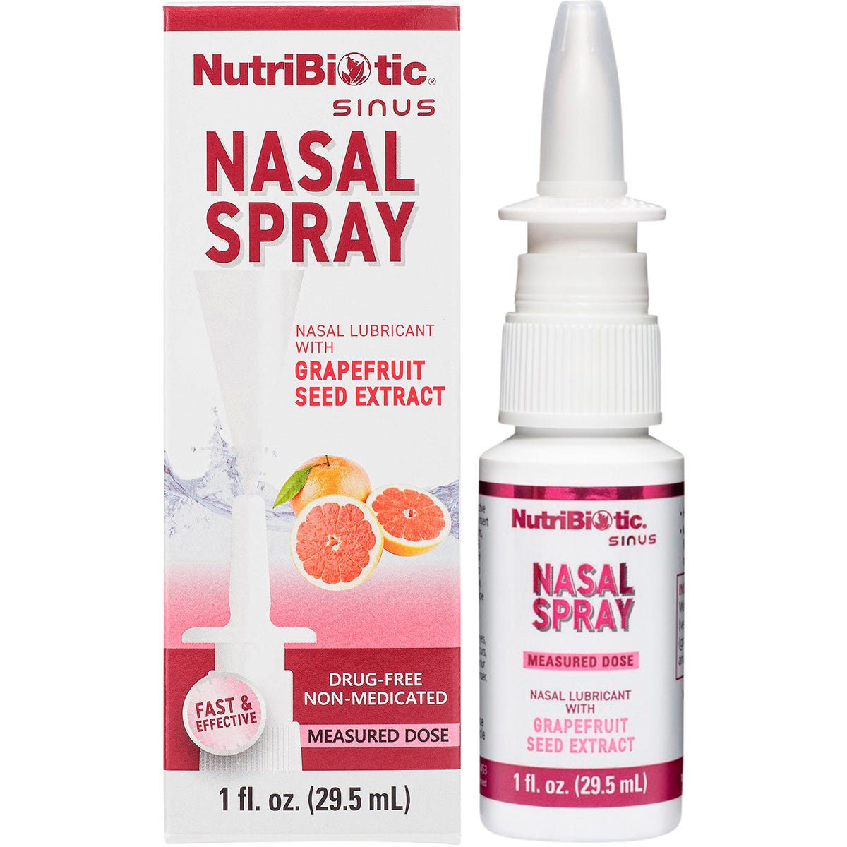 NutriBiotic Nasal Spray 29.5ml bottle and packaging featuring grapefruit seed extract on a white background.
