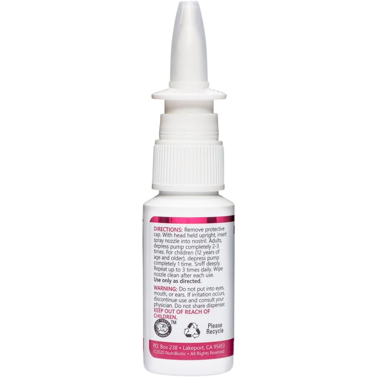 Left side of a NutriBiotic Nasal Spray box showing directions for use and grapefruit seed extract benefits.