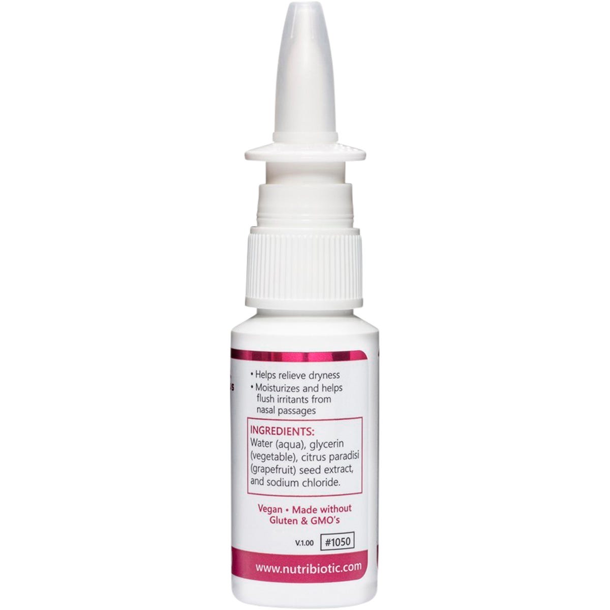 Right side of a NutriBiotic Nasal Spray box showing ingredient list and product weight information.