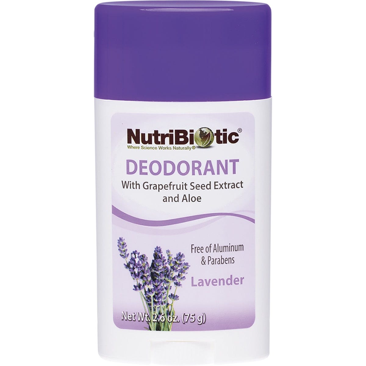 Nutribiotic 75g lavender deodorant stick in white packaging with a purple label and silver cap.