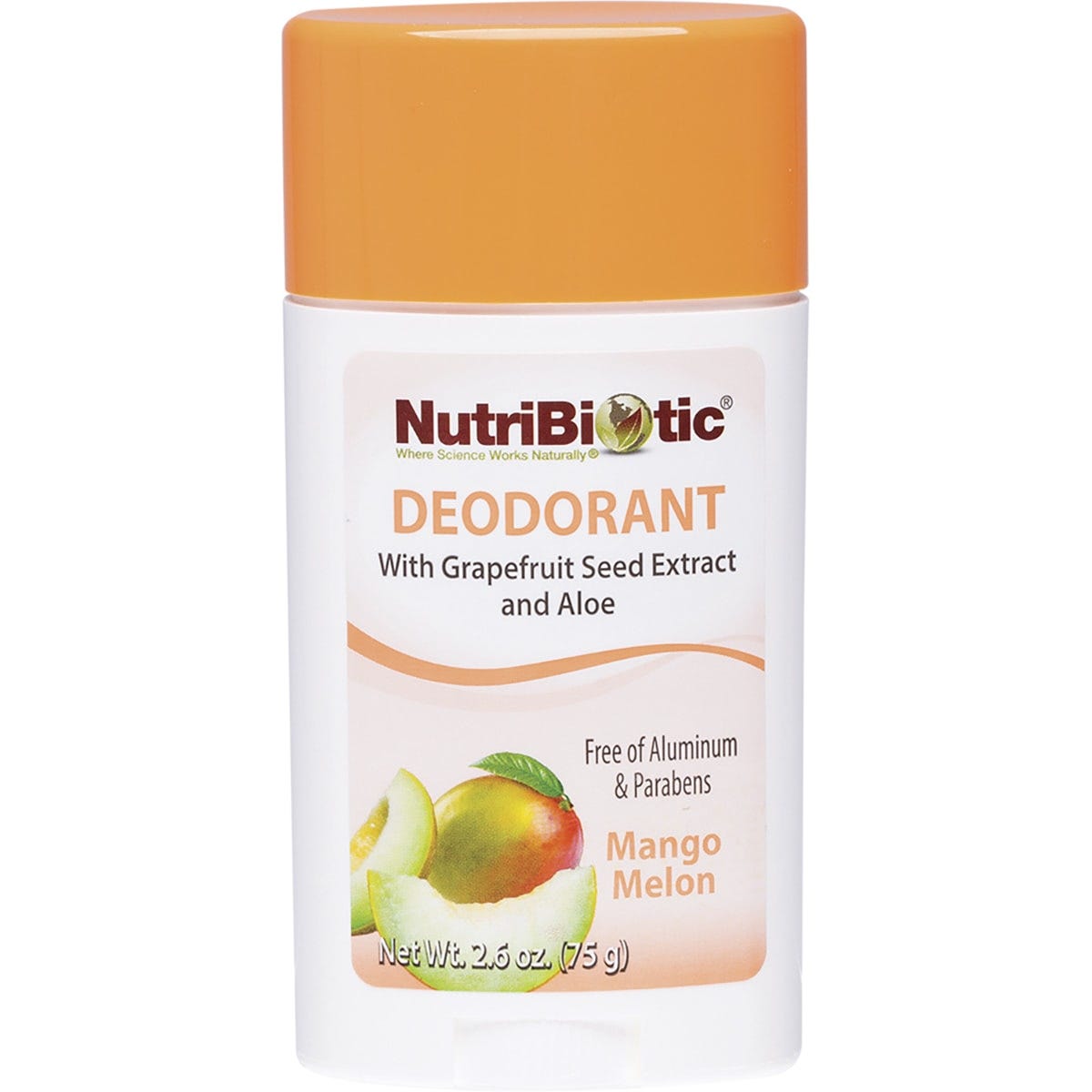 NutriBiotic Mango Melon Deodorant Stick 75g with grapefruit seed extract, witch hazel, and aloe vera.