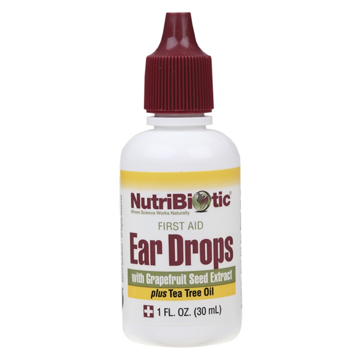 Nutribiotic Ear Drops 30ml bottle and packaging with grapefruit seed extract and tea tree oil for ear canal health.