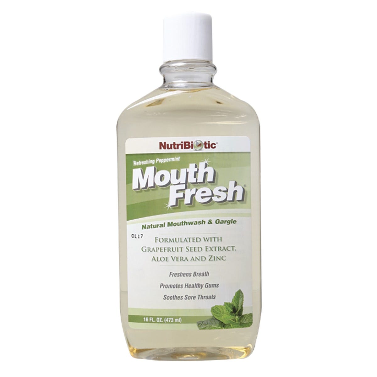 473ml bottle of Nutribiotic Mouthwash and Gargle in Refreshing Peppermint with grapefruit seed extract and zinc.