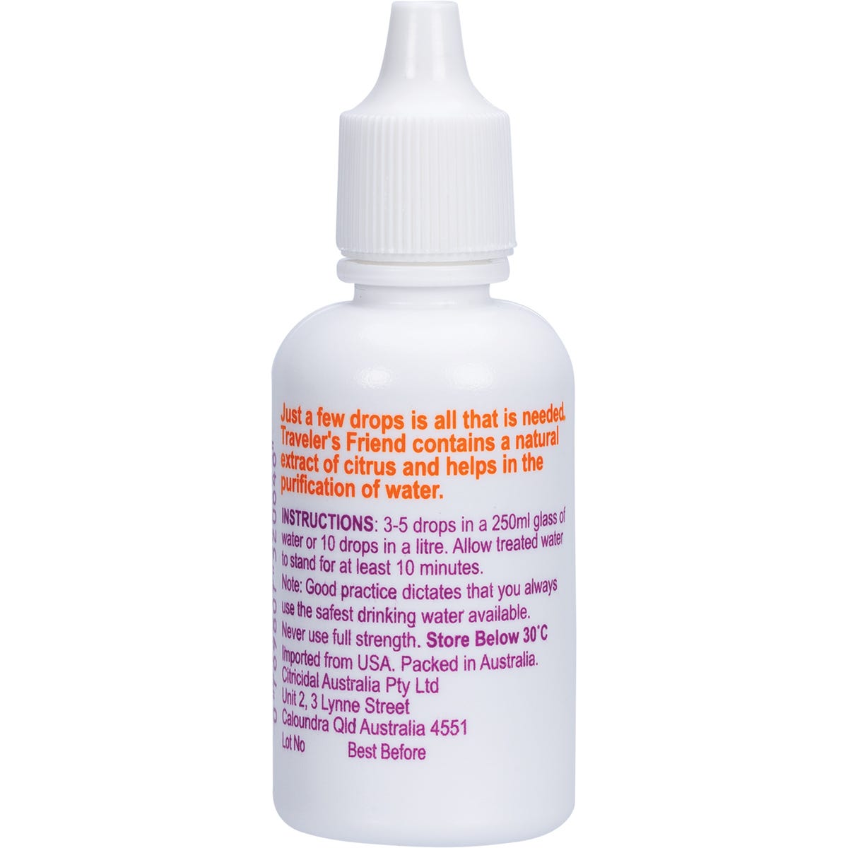 Back label of Nutribiotic Traveler's Friend 30ml bottle showing directions for use and ingredients.