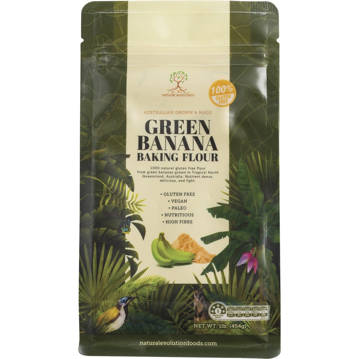 454g bag of Natural Evolution Green Banana Baking Flour, a gluten-free flour made from Australian bananas.