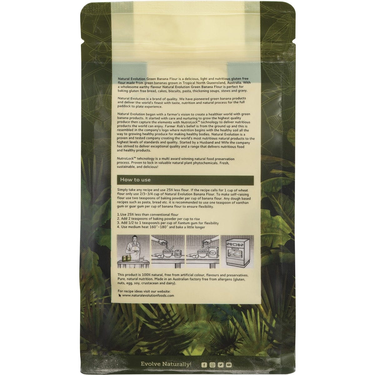 Back of Natural Evolution Green Banana Baking Flour bag with nutritional information and gluten-free usage directions.