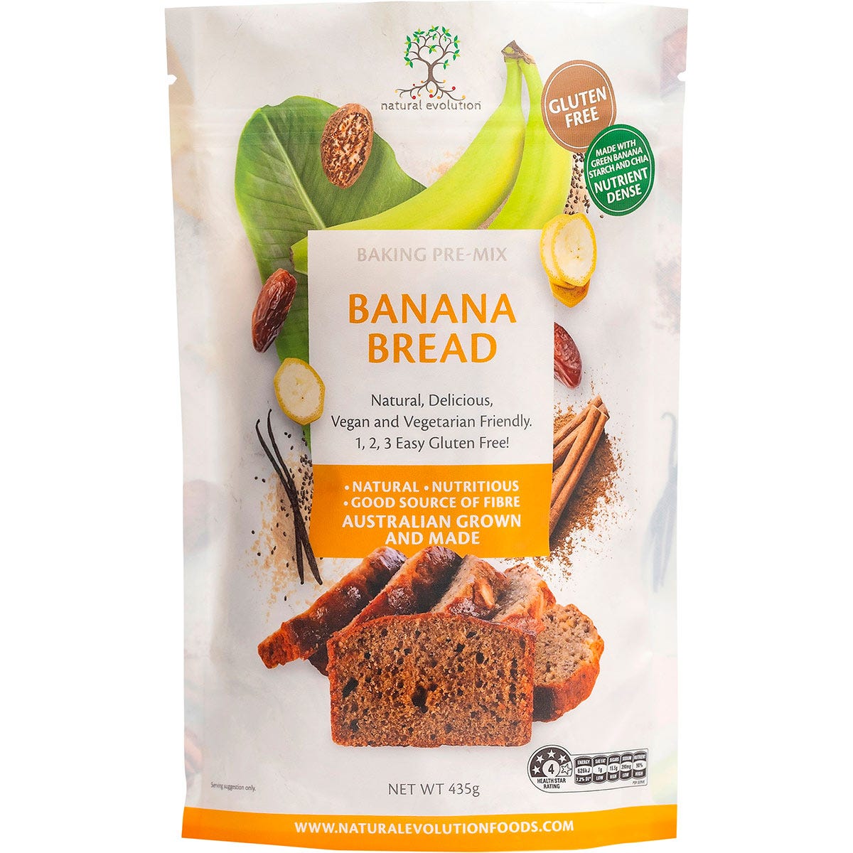 Natural Evolution Banana Bread Mix 435g bag with a picture of sliced banana bread on the front.