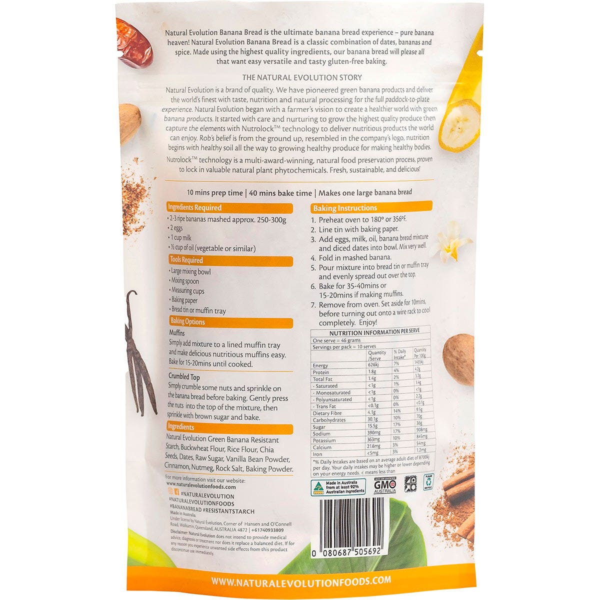 Back of Natural Evolution Banana Bread Mix 435g packaging with nutritional facts and ingredients list.