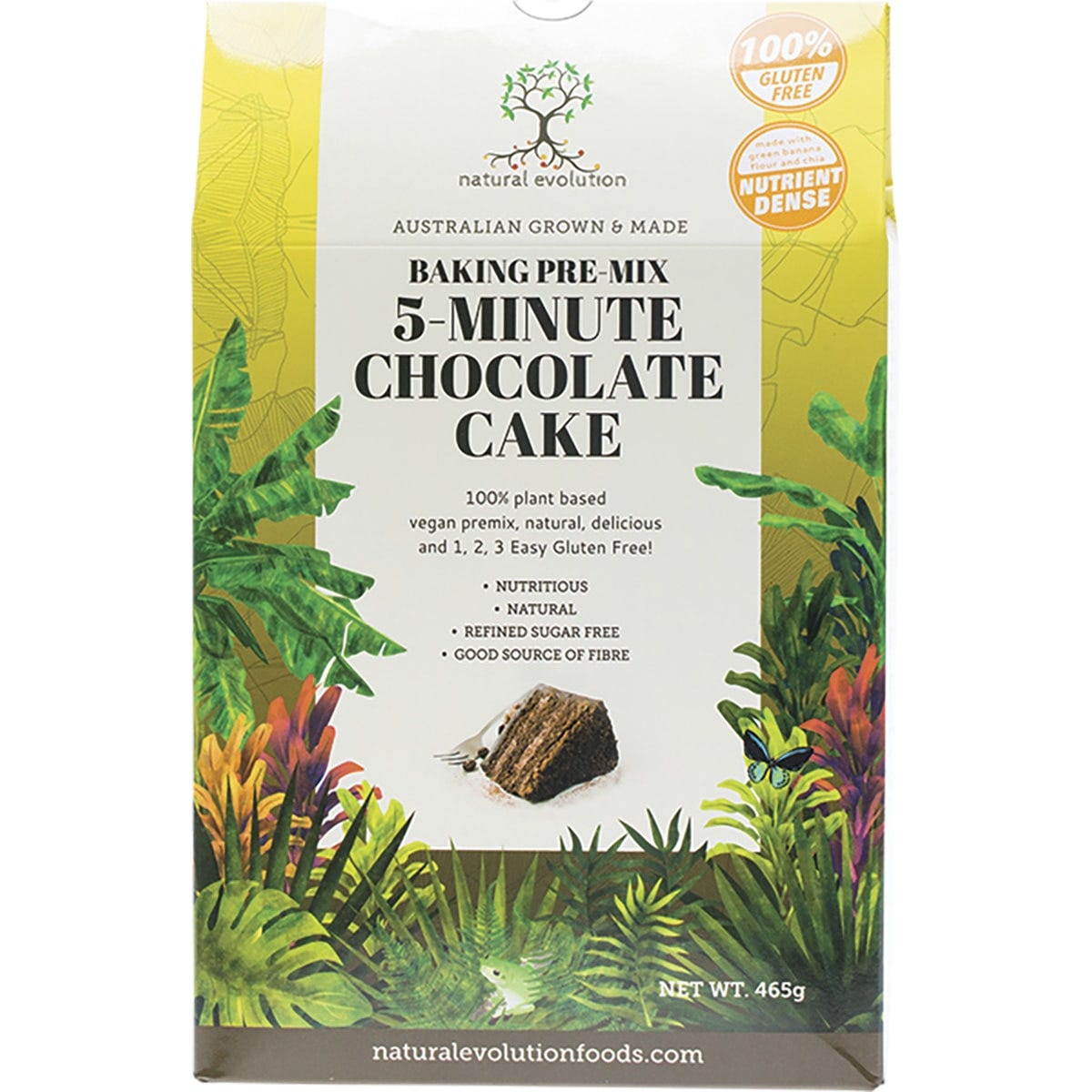 Natural Evolution 5-Minute Chocolate Cake Mix 465g bag with a finished chocolate cake topped with berries.