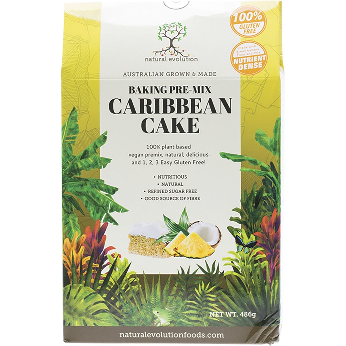 Natural Evolution Caribbean Cake Mix 486g bag with gluten-free and vegan-friendly labels on a white background.