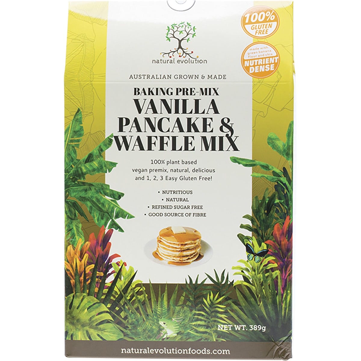 389g bag of Natural Evolution Vanilla Pancake and Waffle Mix with illustrations of pancakes and green bananas.