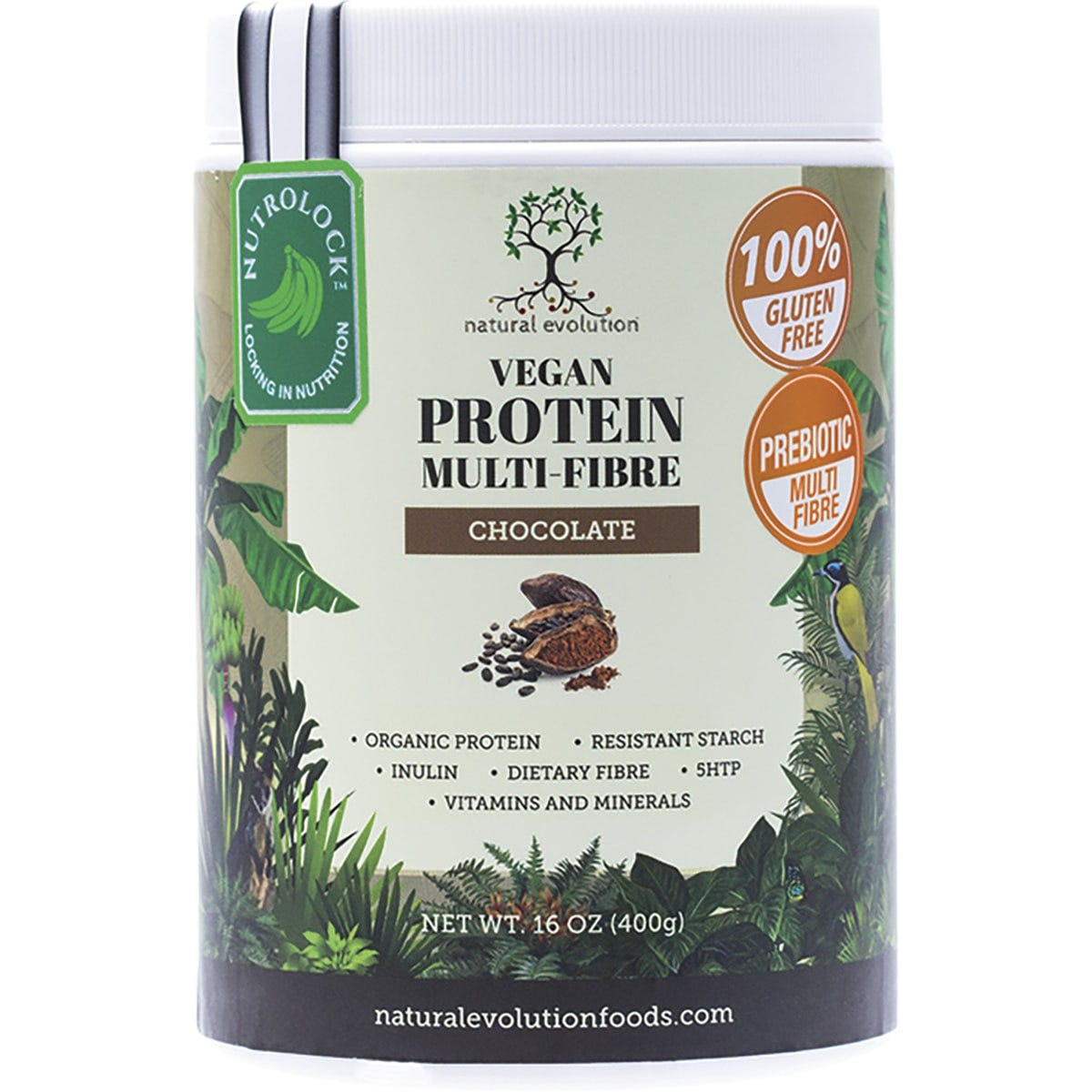400g tub of Natural Evolution Vegan Protein Multi-Fibre Chocolate with green banana resistant starch and cacao.