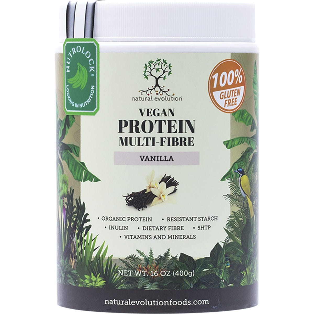 400g tub of Natural Evolution Vegan Protein Multi-Fibre Vanilla featuring a green banana and botanical design.