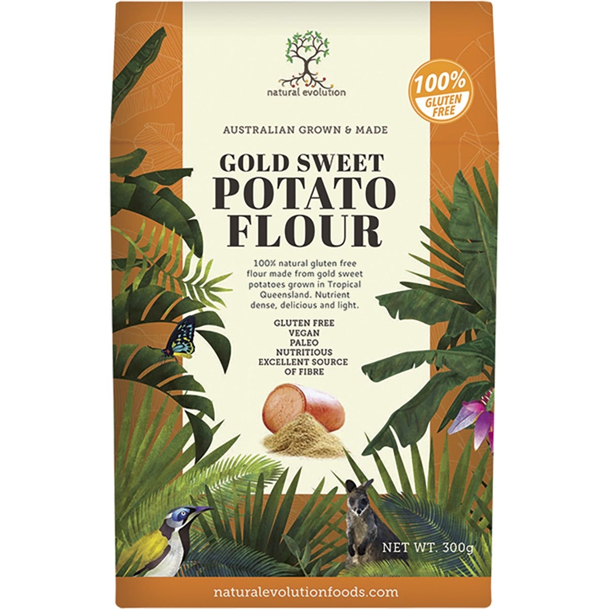 300g bag of Natural Evolution Gold Sweet Potato Flour, made from 100% Australian gold sweet potatoes.