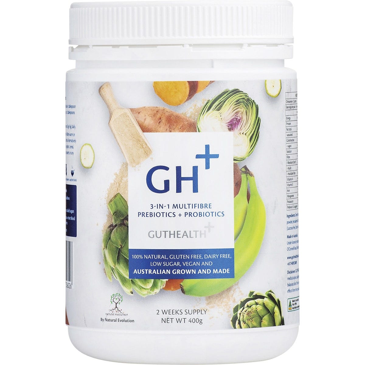 400g tub of Natural Evolution GH+ 3-in-1 Multifibre Prebiotics + Probiotics on a white background.