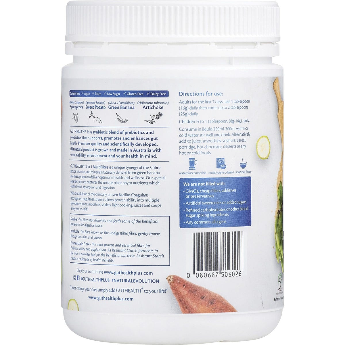 Left side view of a 400g tub of Natural Evolution GH+ 3-in-1 Multifibre on a white background.