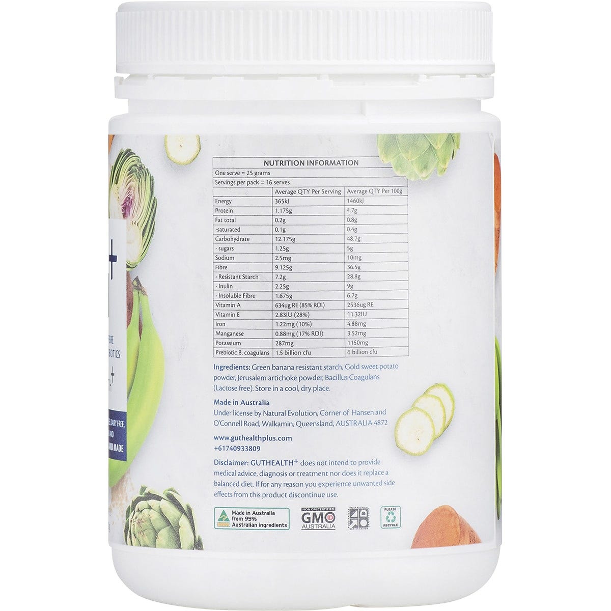 Right side of Natural Evolution GH+ 400g tub showing nutrition facts, directions, and ingredients on a white background.