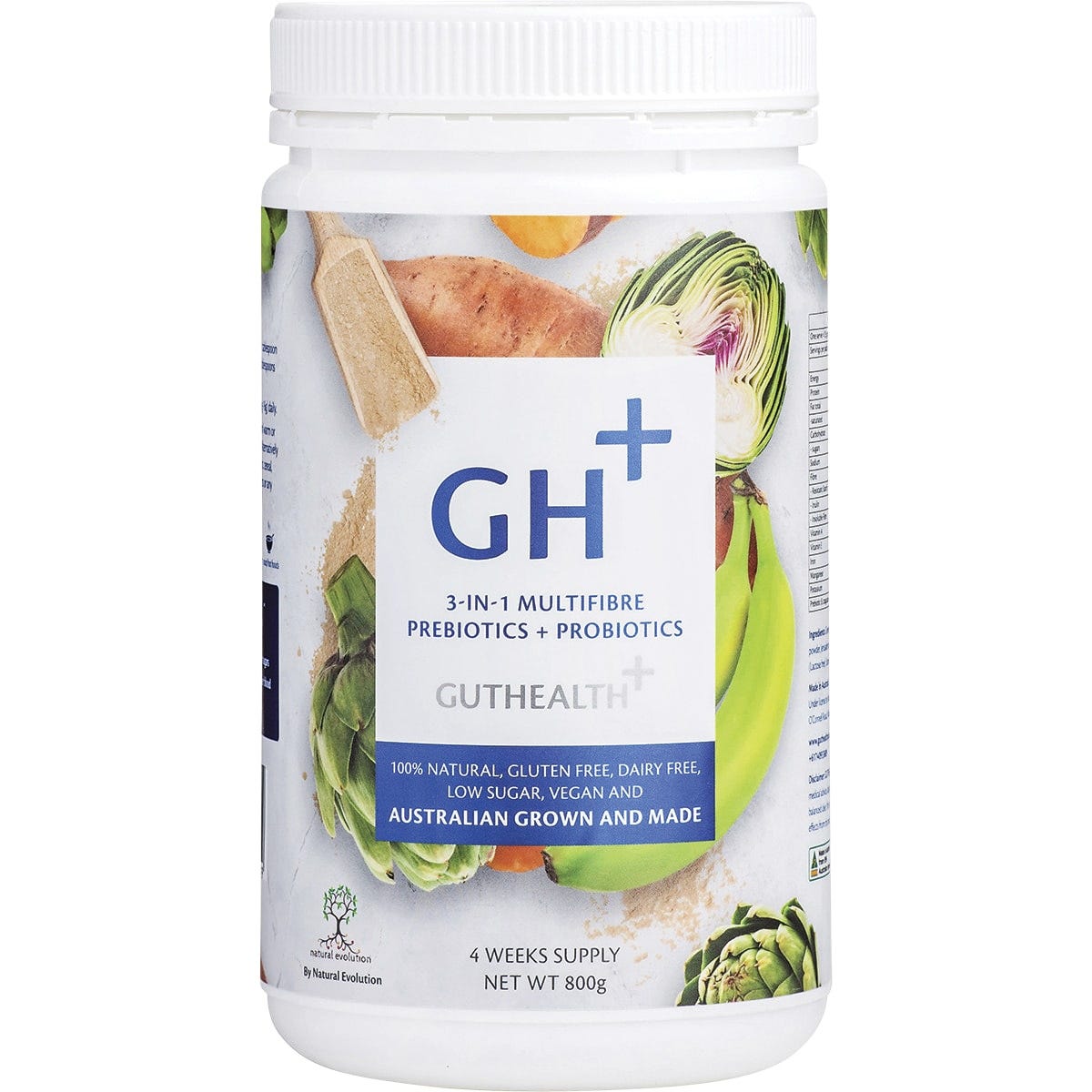 800g tub of Natural Evolution GH+ 3-in-1 Multifibre prebiotics and probiotics on a white background.