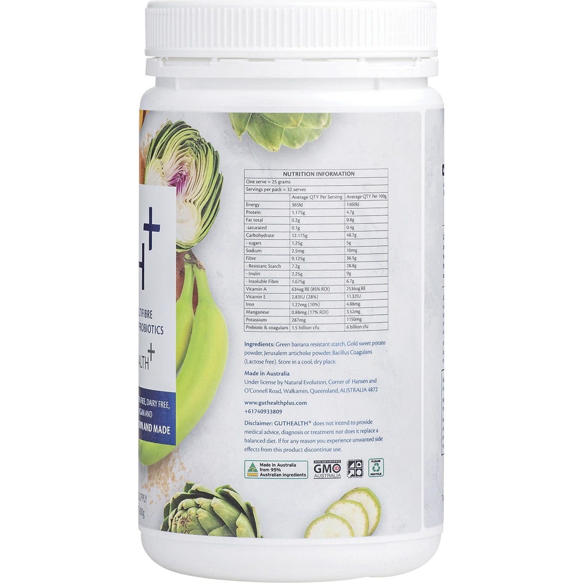 Right side of Natural Evolution GH+ 800g tub showing nutritional information and health benefits.