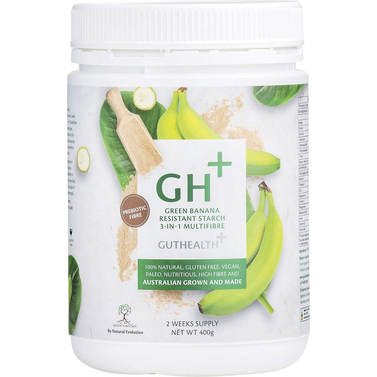 Natural Evolution GH+ Green Banana Resistant Starch 3-in-1 Multifibre 400g tub on a white background.