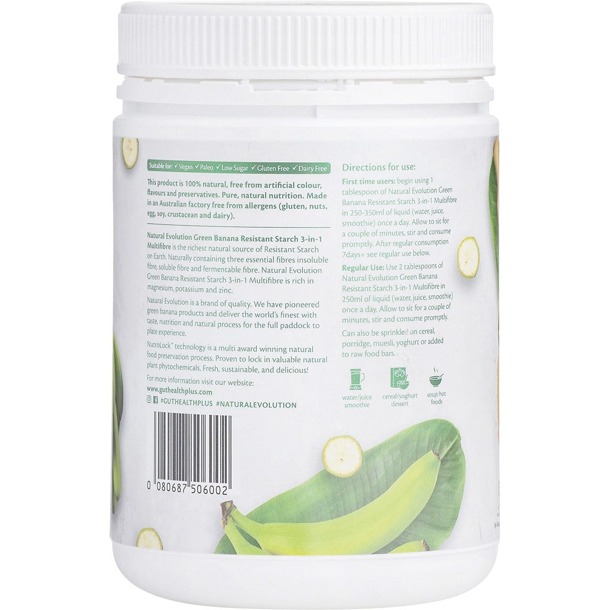 Natural Evolution GH+ Green Banana Resistant Starch 400g tub shown from the side on a white background.