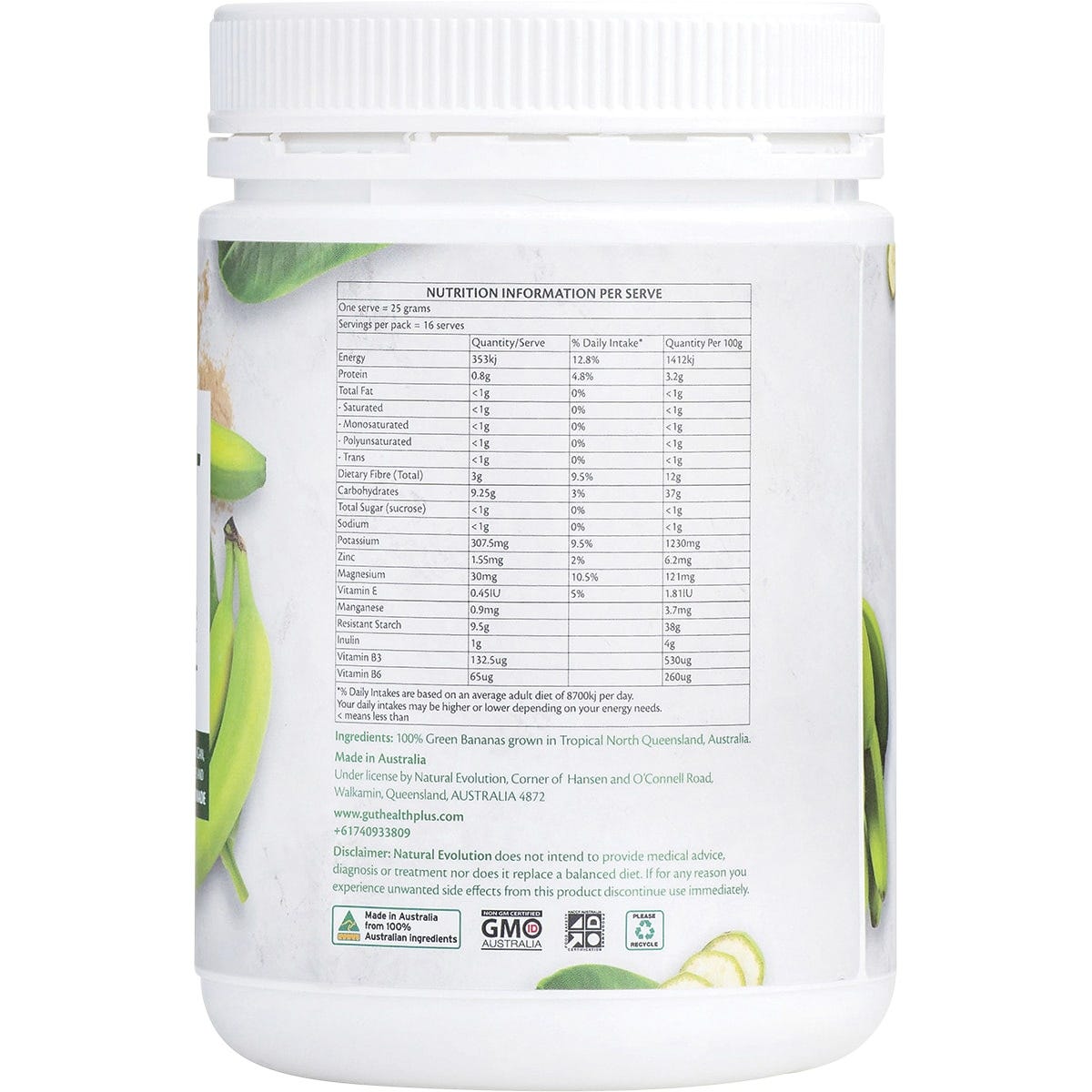 Side view of Natural Evolution GH+ Green Banana Resistant Starch 400g tub showing nutrition facts and benefits.