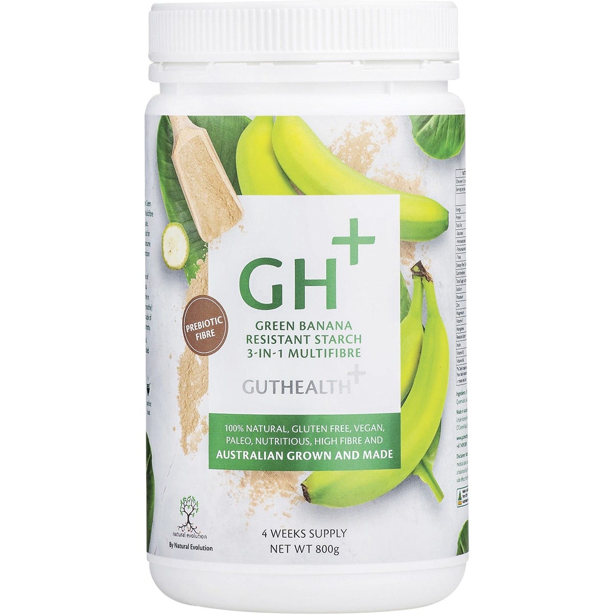 800g tub of Natural Evolution Green Banana Resistant Starch 3-in-1 Multifibre on a white background.