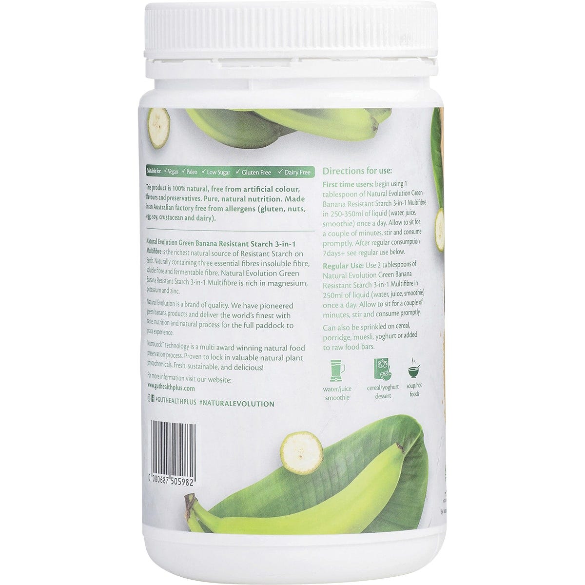 800g tub of Natural Evolution Green Banana Resistant Starch 3-in-1 Multifibre shown from the left side.