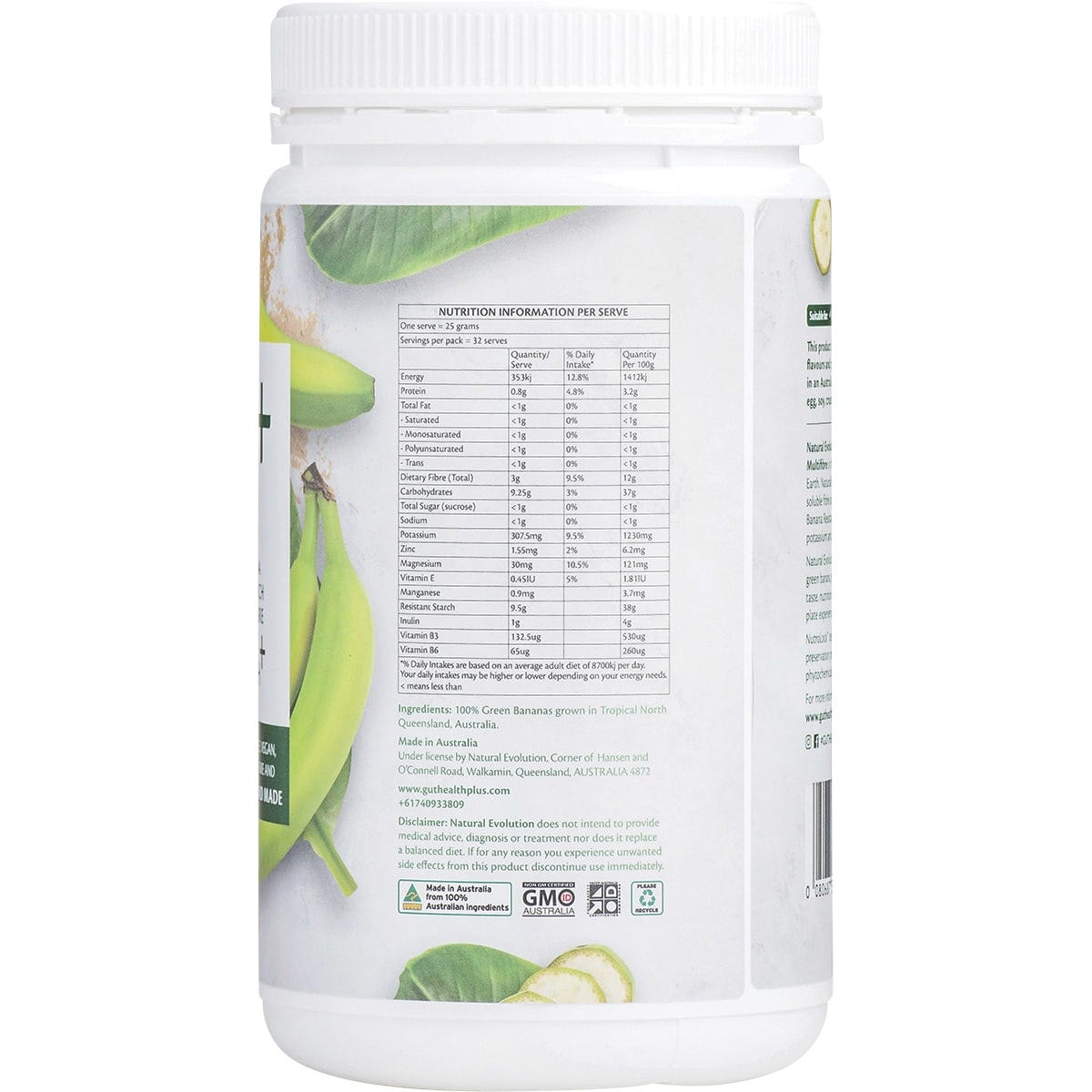Right side of a Natural Evolution Green Banana Resistant Starch 800g tub showing nutrition facts and product benefits.