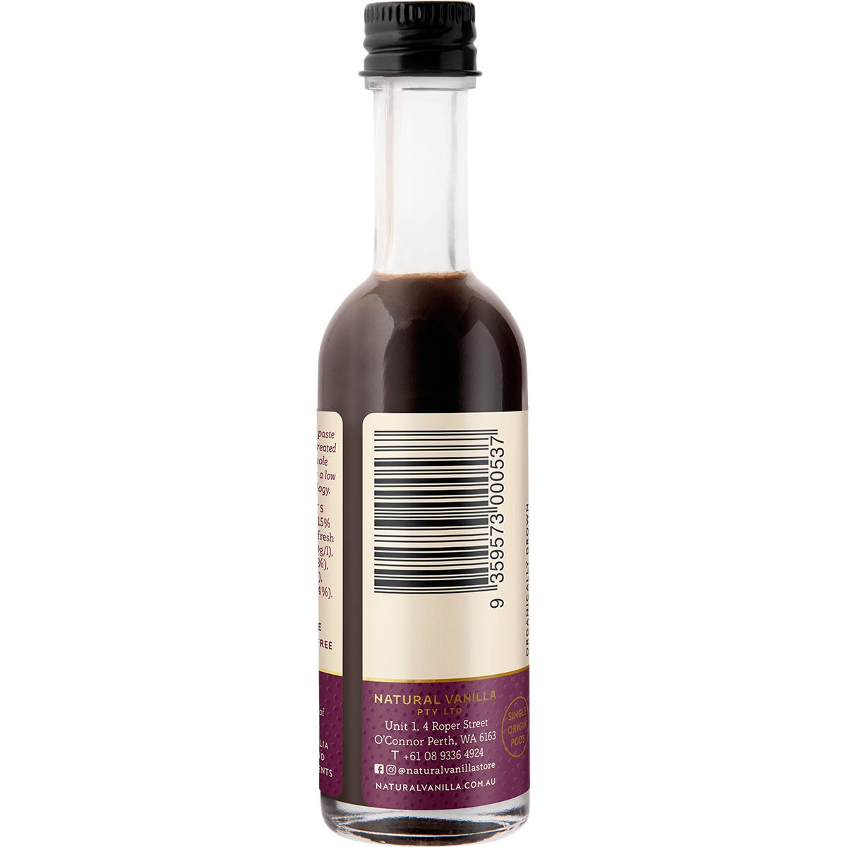 Right side of a Natural Vanilla Company Vanilla Paste 50ml bottle showing ingredients and nutrition facts.